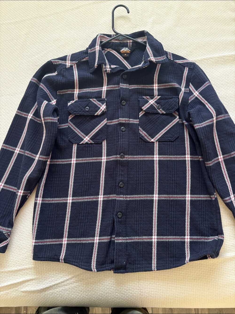 Navy Plaid Button-Up Shirt with Red & White Windowpane